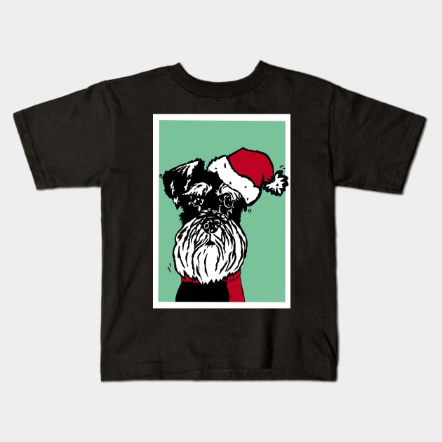 Miniature Schnauzer in Christmas Santa Hat and Red Woolly Scarf Linoprint Kids T-Shirt by NattyDesigns